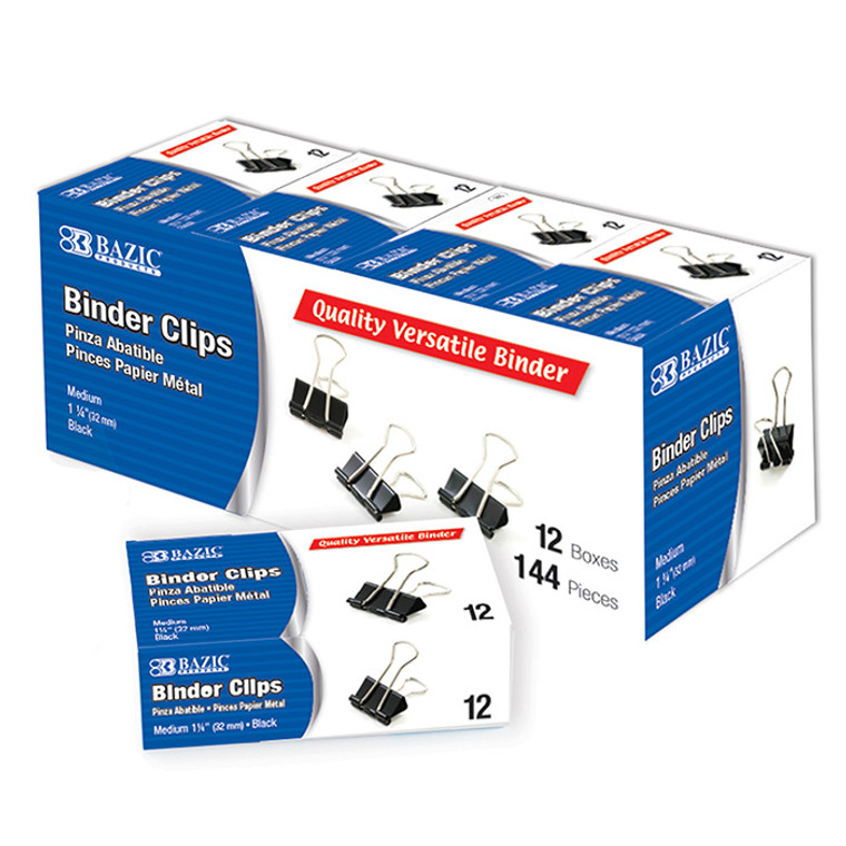 BAZIC Medium 1 1/4" (32mm) Black Binder Clip (12/Box)