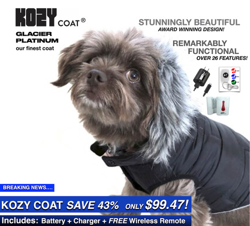 Glacier Platinum Dog Coat - Our Finest Battery Heated Dog Coat - KOZY COAT Glacier Platinum Dog Coat - Our Finest Battery Heated Dog Coat - KOZY COAT