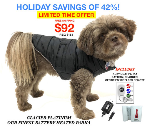 KOZY COAT BATTERY HEATED DOG PARKA, GLACIER PLATINUM, OUR WARMEST DOG COAT KOZY COAT BATTERY HEATED DOG PARKA, GLACIER PLATINUM, OUR WARMEST DOG COAT