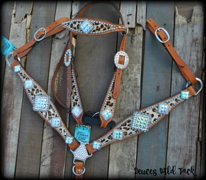 Cheetah hide tack set on tan leather with large square crystal conchos