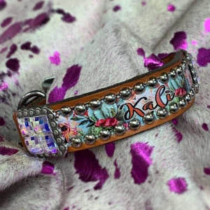 Tan leather studded dog collar with cactus flower design, blinged square conchos, and a custom name