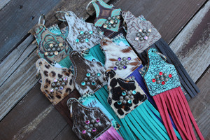Cowhide & Embossed Keychains W/ Fringe 