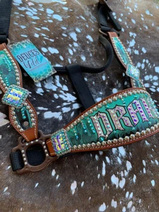 Tan leather cheek halter with drip design close up from the side