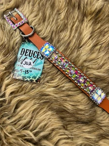Tan studded leather dog collar with a Benjamin Franklin multicolored portrait design