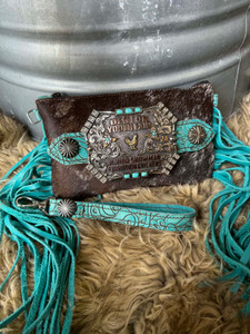 Buckle Wristlet-Brown & White Spotted w/ Aqua Floral
