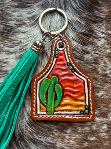 Tooled & Tasseled Keychain-Cactus Sunset w/ Brown Gator