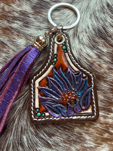 Tooled & Tasseled Keychain-Metallic Purple Sunflower &  Teal Gator