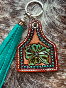 Tooled & Tasseled Keychain-Dotted Floral & Teal  Gator
