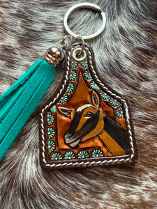Tooled & Tasseled Keychain-Buckskin Doe & Turquoise Rose