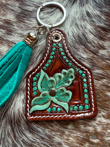 Tooled & Tasseled Keychain-Teal Flower w/ Black Gator