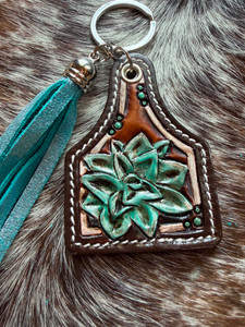 Tooled & Tasseled Keychain-Turquoise Succulent & Brown Gator