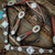 Brown gator tack set on chocolate leather showing blinged buckles and conchos