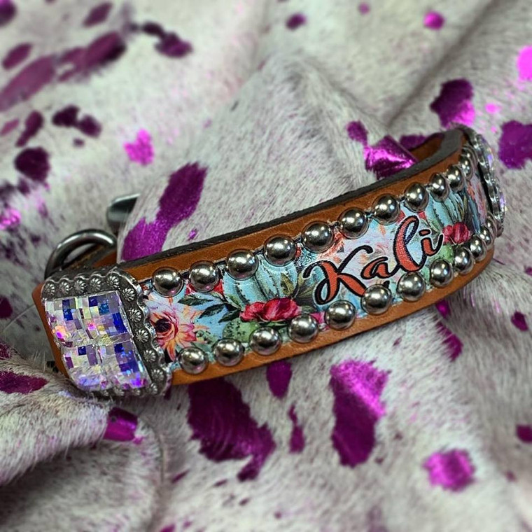 Tan leather studded dog collar with cactus flower design, blinged square conchos, and a custom name