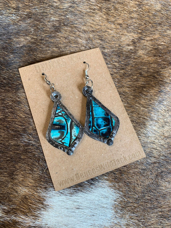 Mini Dot & Hide Earrings-Silver w/ Aqua Gator