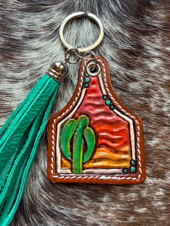 Tooled & Tasseled Keychain-Cactus Sunset w/ Brown Gator