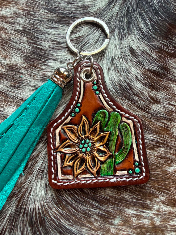 Tooled & Tasseled Keychain-Sunflower, Cactus & Teal Gator