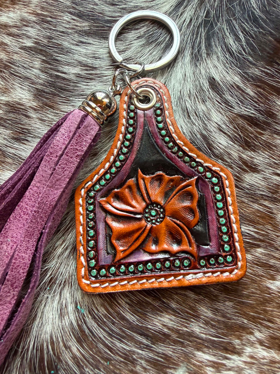 Tooled & Tasseled Keychain-Mauve Floral & Black Gator