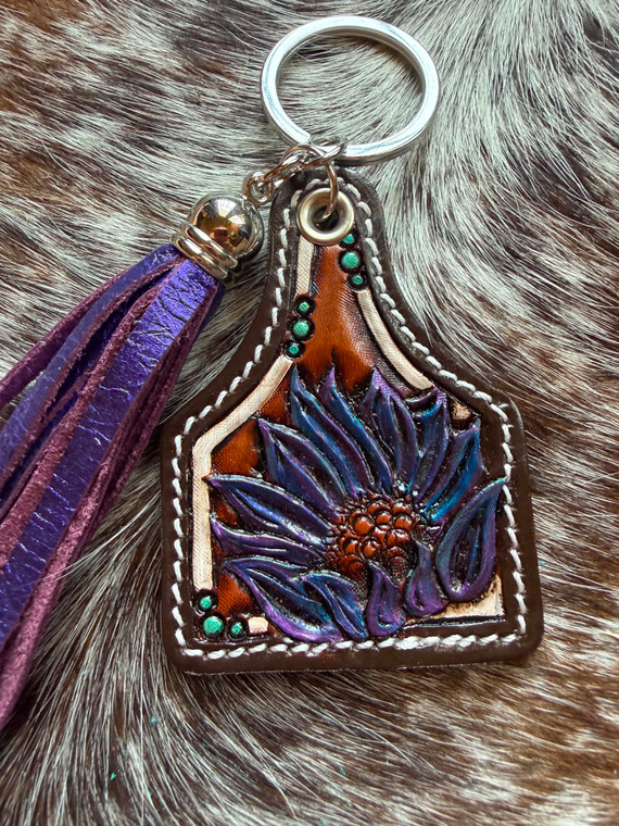 Tooled & Tasseled Keychain-Metallic Purple Sunflower &  Teal Gator