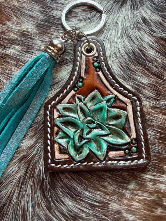 Tooled & Tasseled Keychain-Turquoise Succulent & Brown Gator