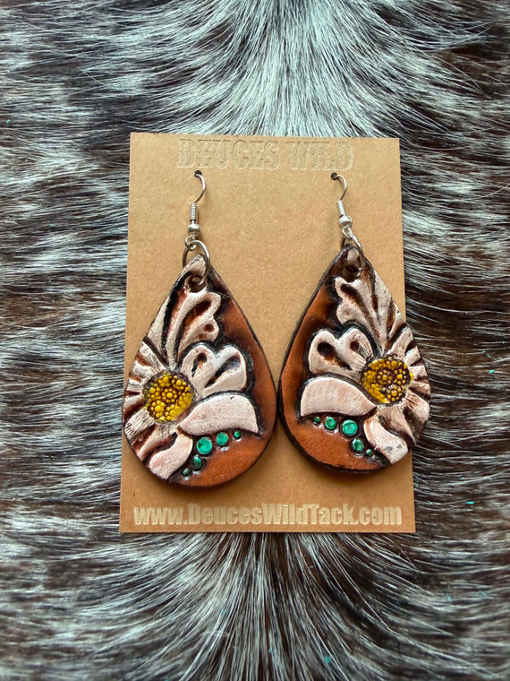 Tooled Earrings-White Flower w/ Teal Dots