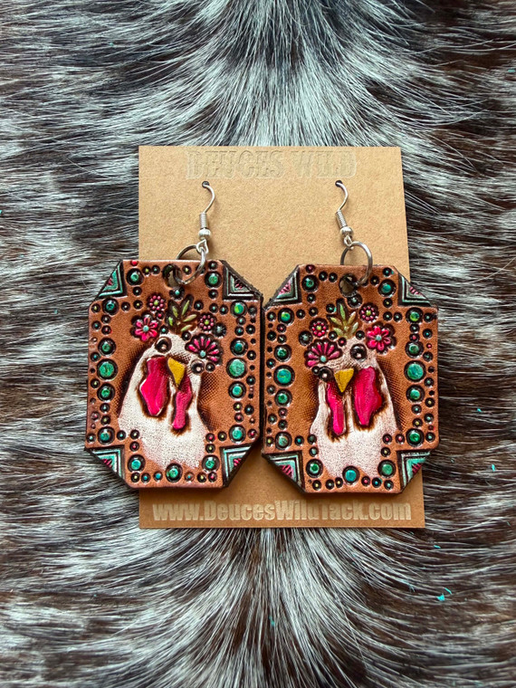 Tooled Earrings-Flower Crown White Hens