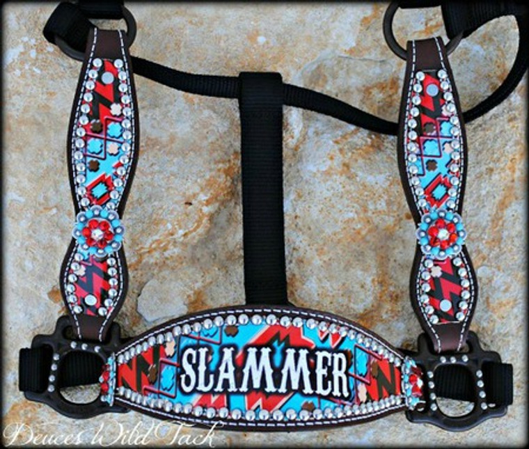 Custom Personalized Red and Turquoise Chevron Aztec Cheek Halter