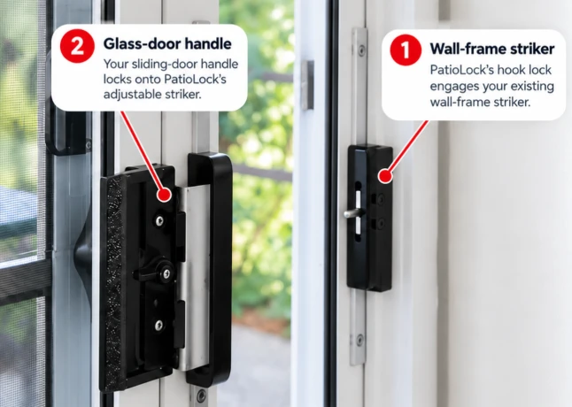 The PatioLock Insert locks using your Glass Door Handle and Lock on the wall frame.
