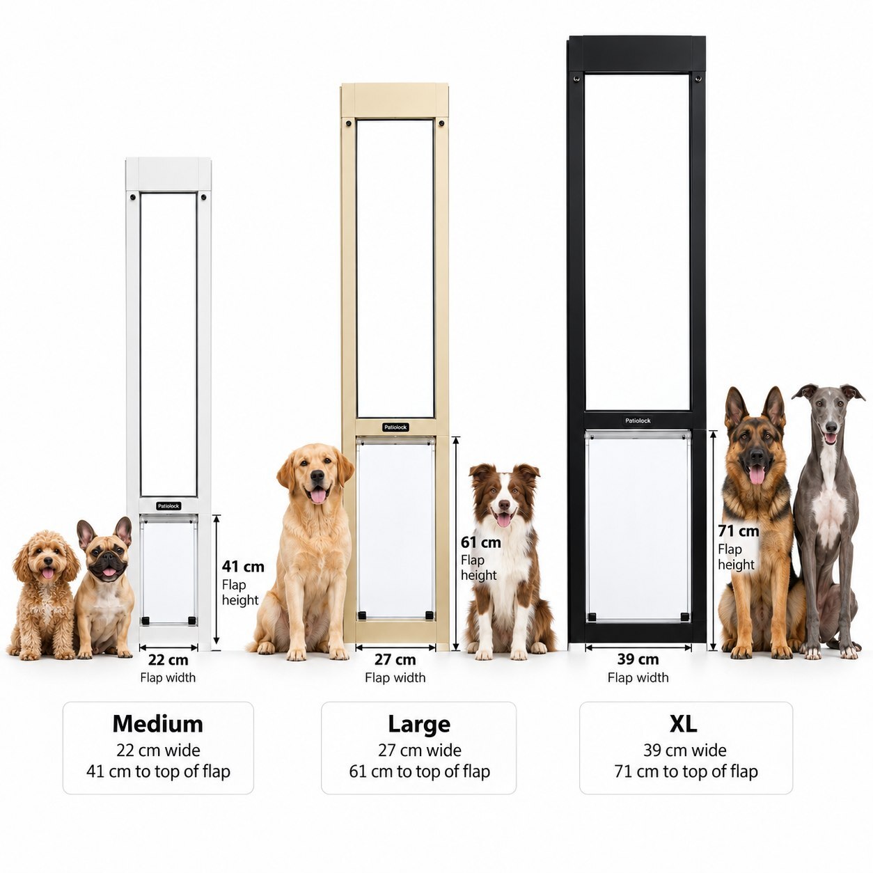 PatioLock full height pet door panels: Medium 22 cm wide and 41 cm to top of flap, Large 27 cm and 61 cm, XL 39 cm and 71 cm, with dogs alongside each size