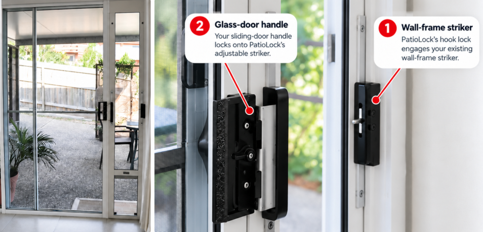 PatioLock installed insert with close-ups showing its two locking connections