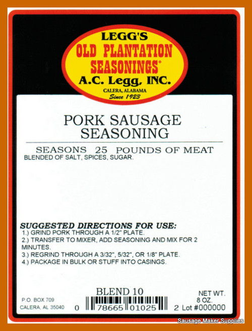 A.C.LEGG OLD PLANTATION SAUSAGE SEASONING BLEND 10 
Our most popular pork sausage seasoning. A true “Southern Style” seasoning. It has a relatively high level of sage, red pepper and black pepper. Some red pepper is crushed to be visible in the finished product.
