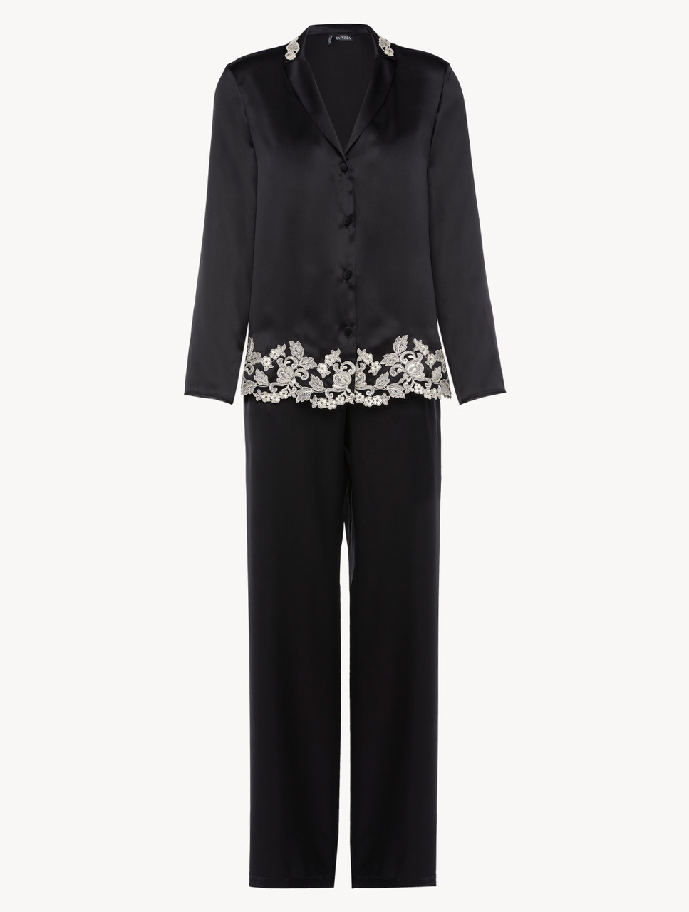 Black silk long pyjamas with frastaglio