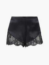 Black silk pyjama shorts with Leavers lace trim_0