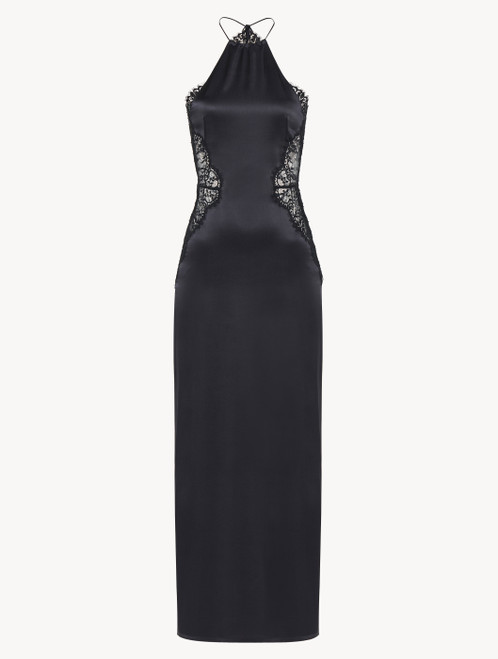 Black silk halterneck nightdress with Leavers lace trim_0