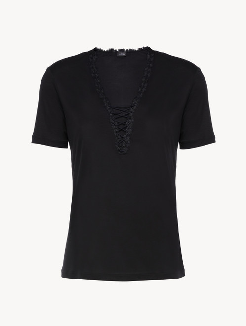 T-shirt in black modal with embroidered tulle_0