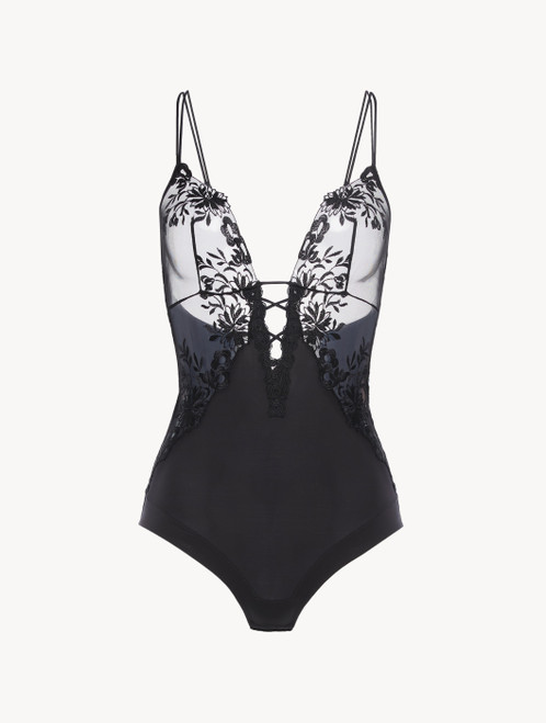 Bodysuit in black Lycra with embroidered tulle_4