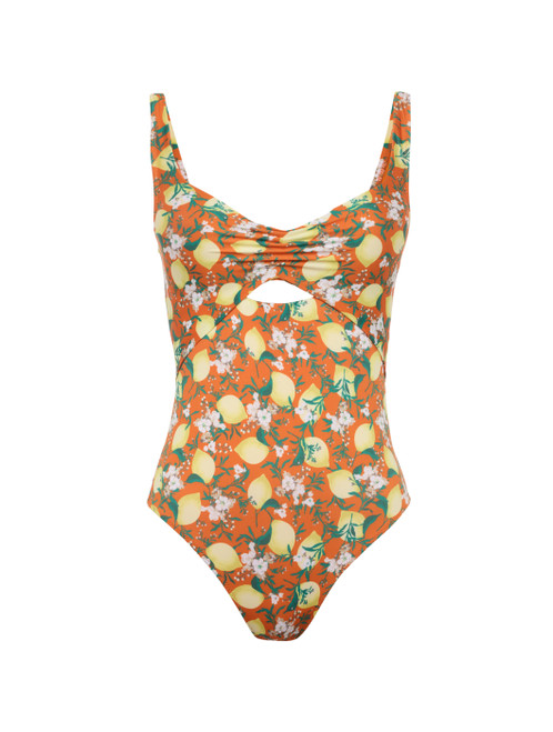 Orange Printed Cut-out Swimsuit_0