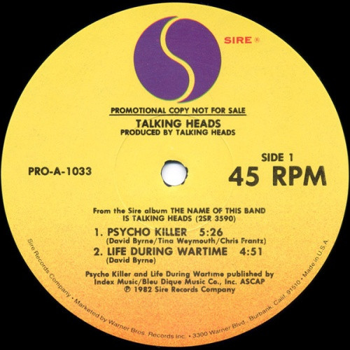 Talking Heads - Psycho Killer/Take Me To The River - 12" Vinyl