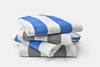 Thomaston Mills American Luxury Breeze pool towels in Ultramarine Blue / White and Ultimate Gray / White cabana stripes