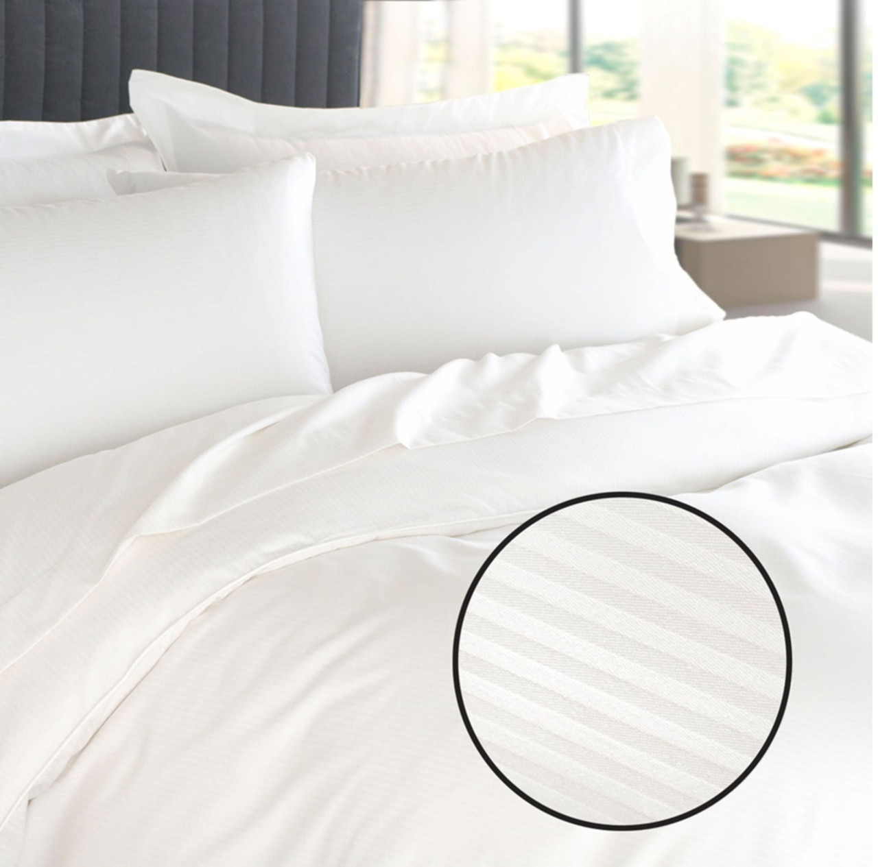 Millennium250 White Stripe duvet cover. Representative supplier collection image; duvet cover only. Other bedding and pillow inserts not included.