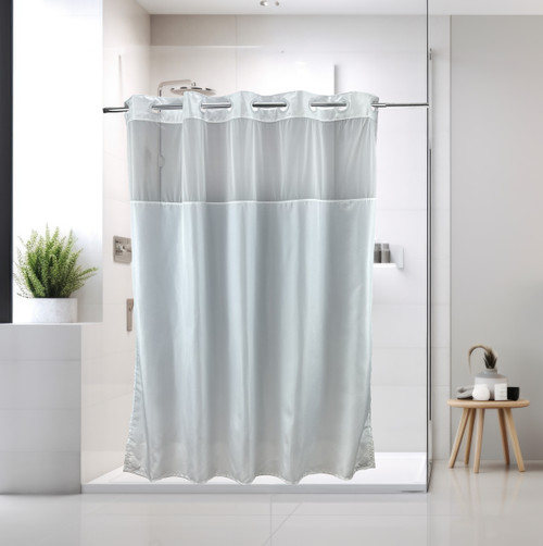 Kartri Hang2it Poly 300 white shower curtain with window, installed bathroom scene