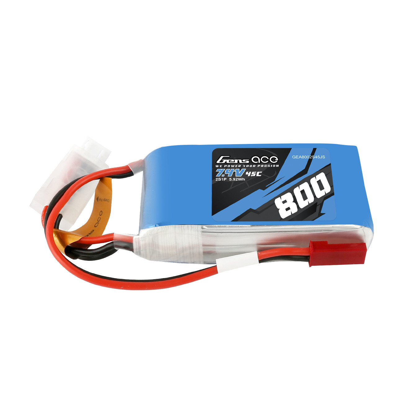 Gens ace 800mAh 2S 45C Lipo battery for 250 helicopter, 800mm Warbird.