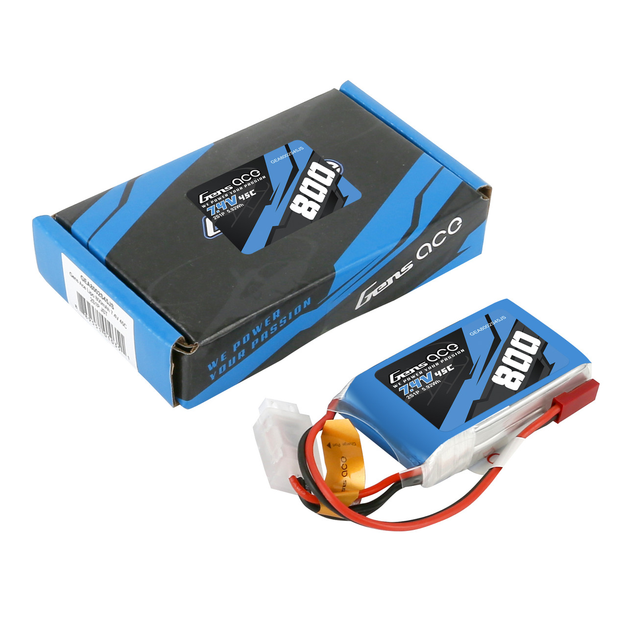 Gens ace 800mAh 2S 45C Lipo battery for 250 helicopter, 800mm Warbird.