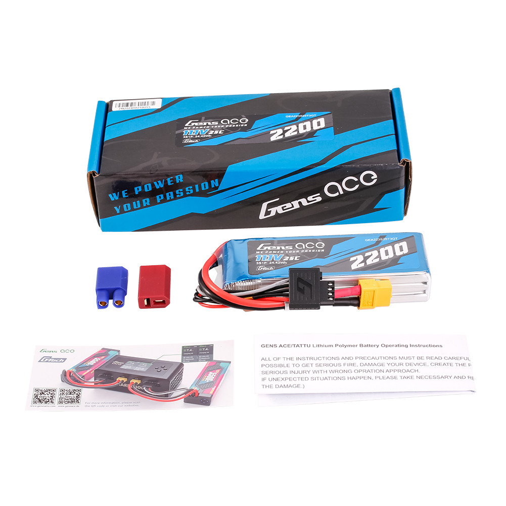 Gens ace 2200mAh 3S 11.1V 25C G-Tech Lipo Battery Pack with EC3