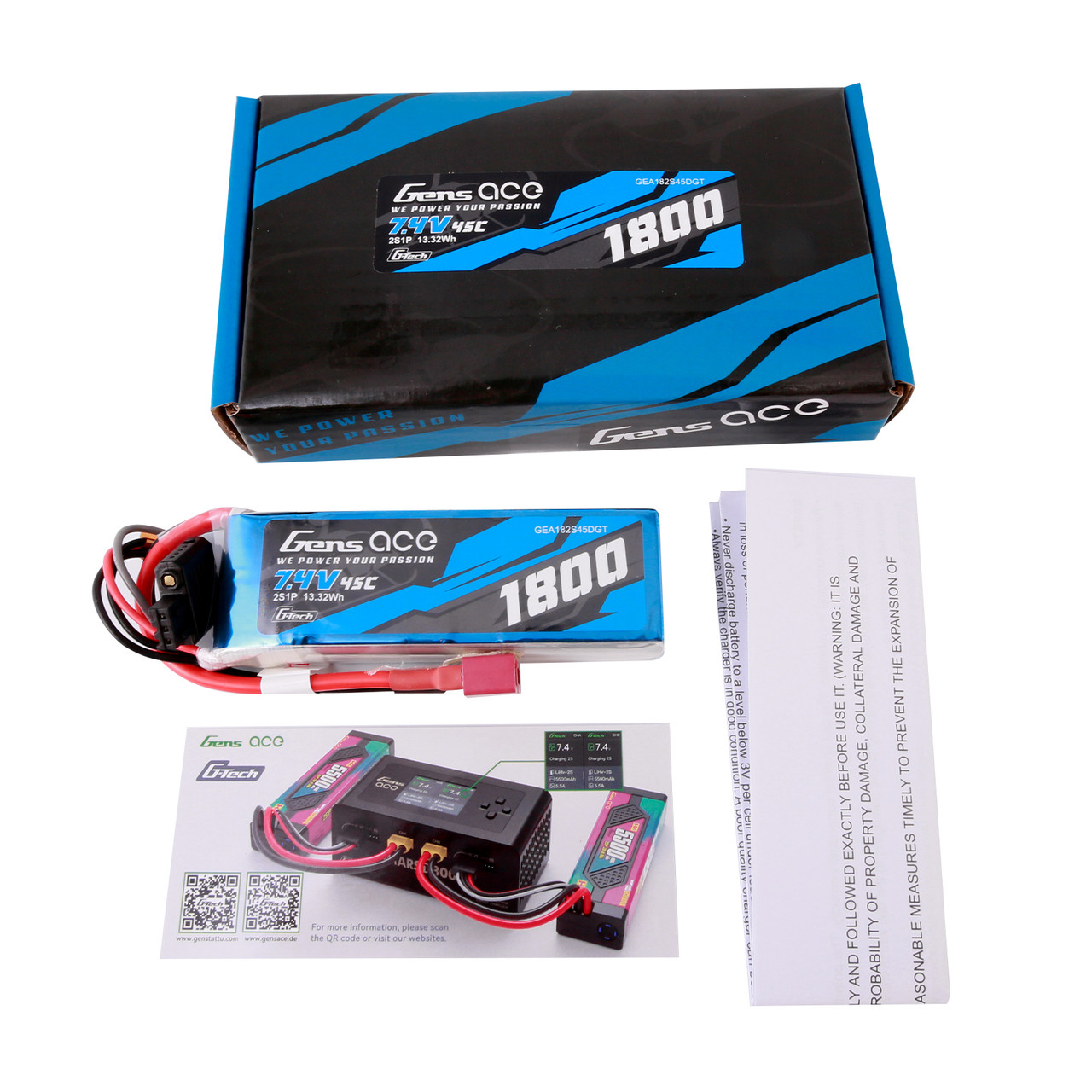 Gens ace 1800mAh 2S 45C 7.4V G-Tech Lipo Battery Pack with Deans Plug