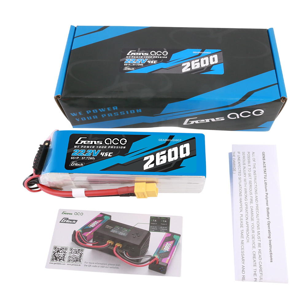 Gens ace 2600mAh 6S 45C 22.2V G-tech Lipo Battery Pack with XT60 Plug