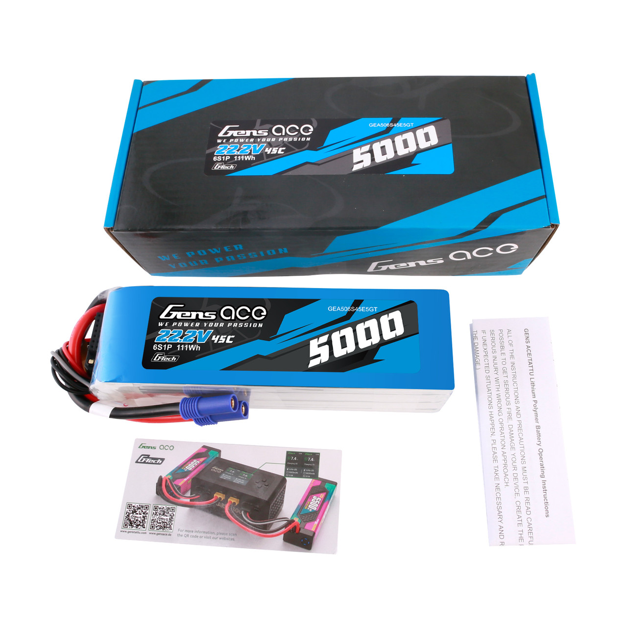 Gens ace 5000mAh 6S 22.2V 45C G-tech Lipo Battery Pack with EC5 Plug