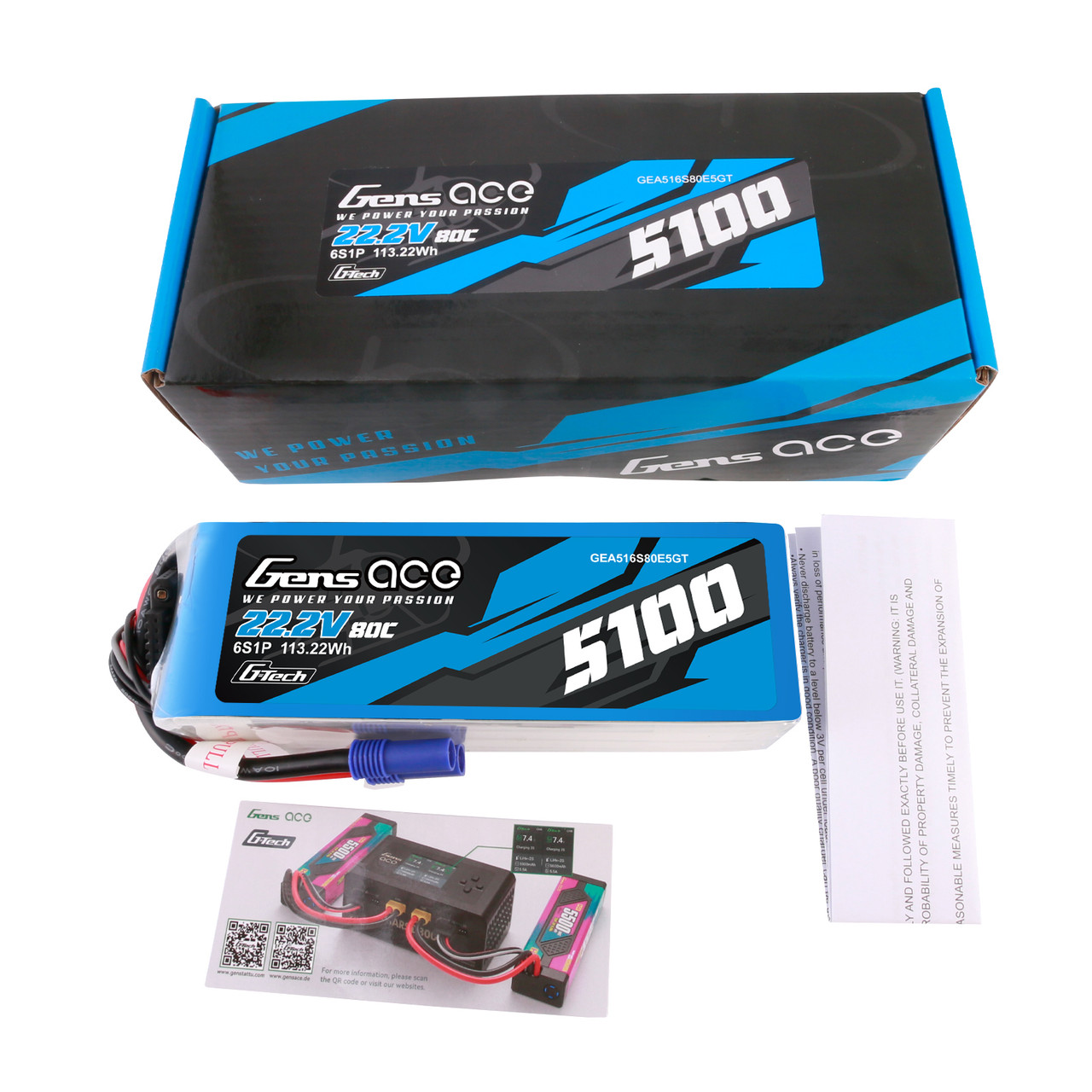Gens ace 5100mah 6S 80C 22.2V G-tech Lipo Battery Pack with EC5 Plug