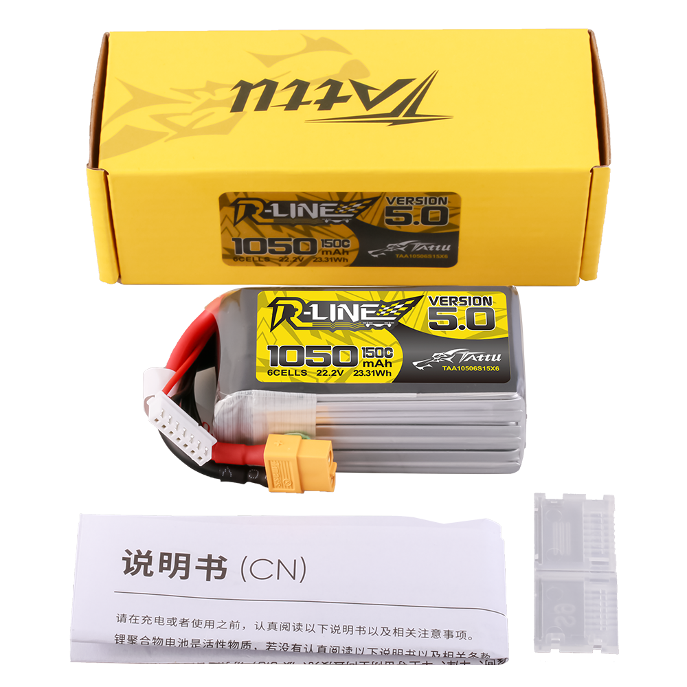 Tattu 6S Lipo Accu 850mAh 22.2V 150C 6S1P Batterij met XT60-stekker voor 3 tot 5 inch grote FPV drones