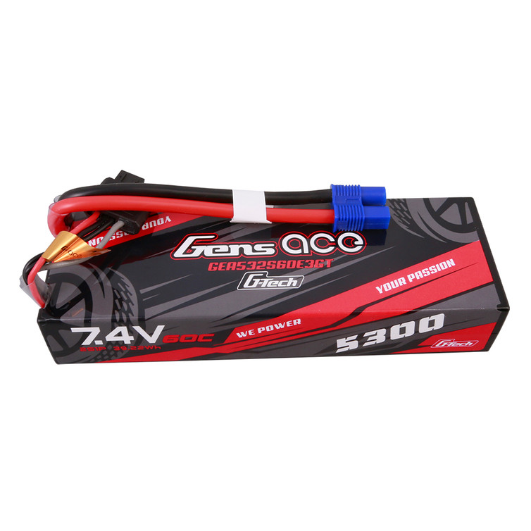 Gens ace 5300mAh 7.4V 60C 2S1P HardCase G-tech Lipo Battery Pack 24# with EC3 Plug for RC Car