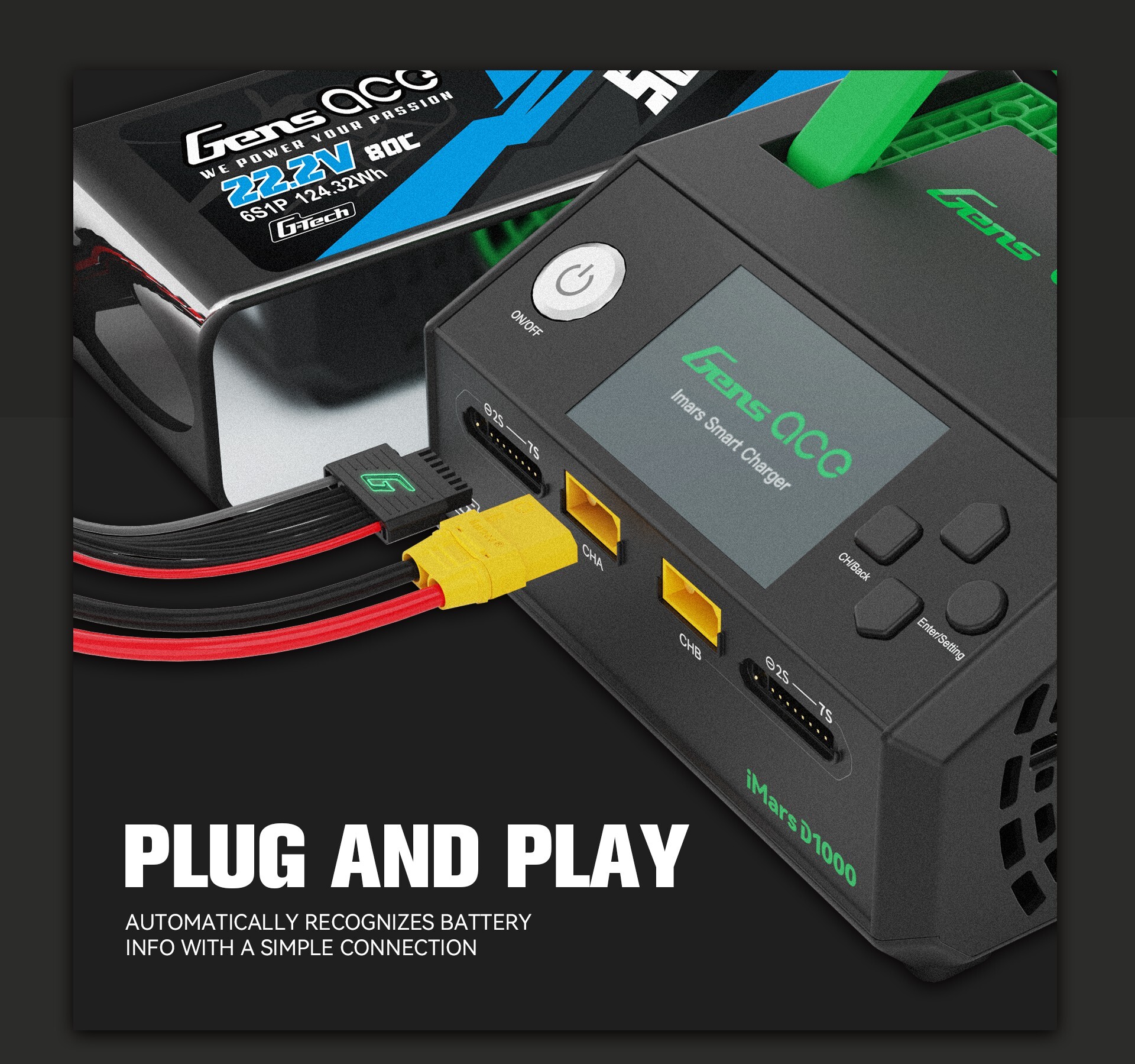 thumbnail image 2 of Gens Ace IMars D1000 Smart Charger – Dual Channel AC 1000W – G-Tech Compatible (US) 2 of 6